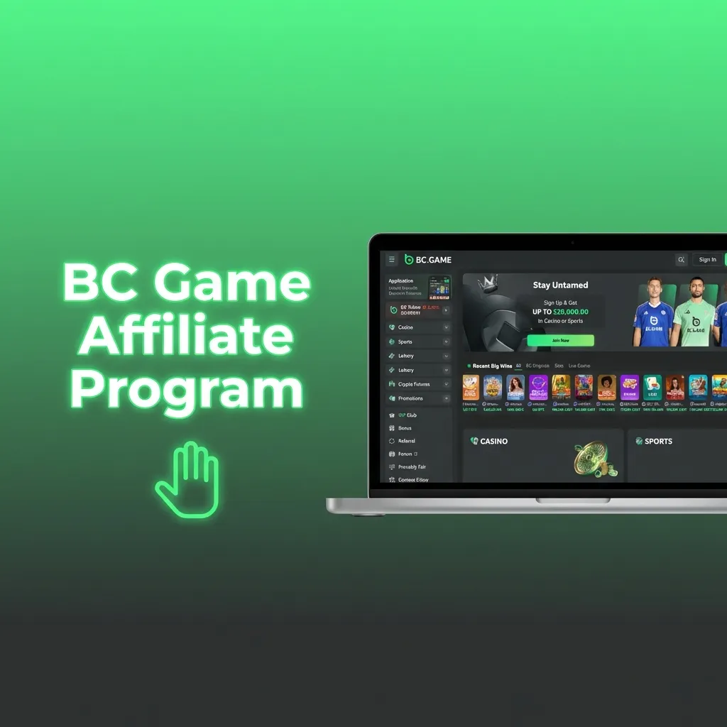 Illustration promoting BC Game affiliate program with dashboard, earnings stats, and sports betting and casino marketing graphics