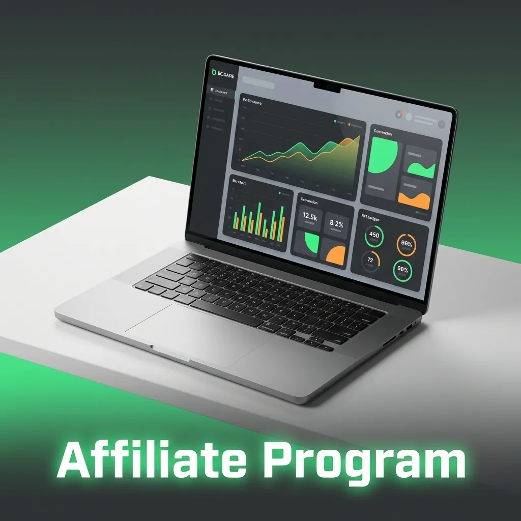 Illustration of BC Game affiliate program showing creators earning tiered commissions from referred players via online channels.
