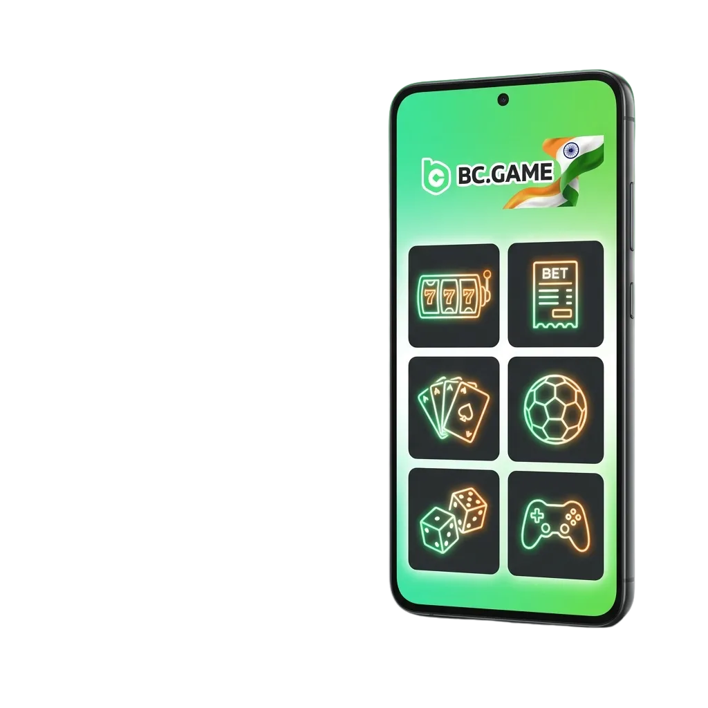 BC Game Android app interface showing sports betting, cricket, football, slots and live casino options on a smartphone screen