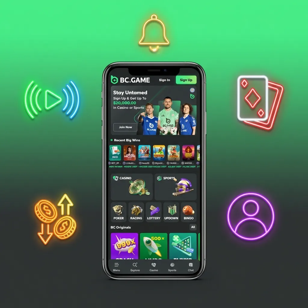 BC Game mobile app screen showing sports betting, live casino, slots, and payment options in a thumb-friendly layout