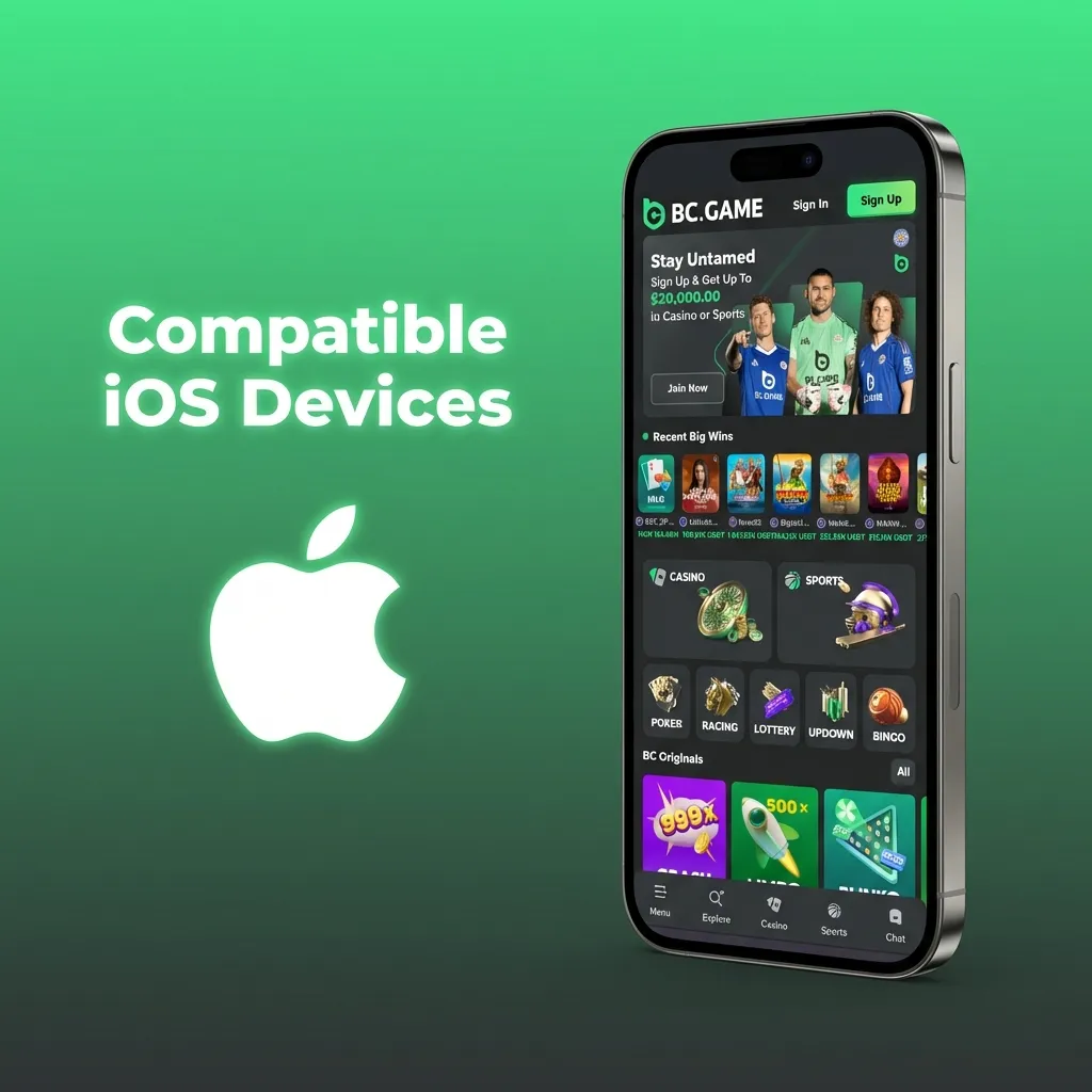 Graphic listing BC Game app compatible iPhones from X to 15 series running iOS 12 or later