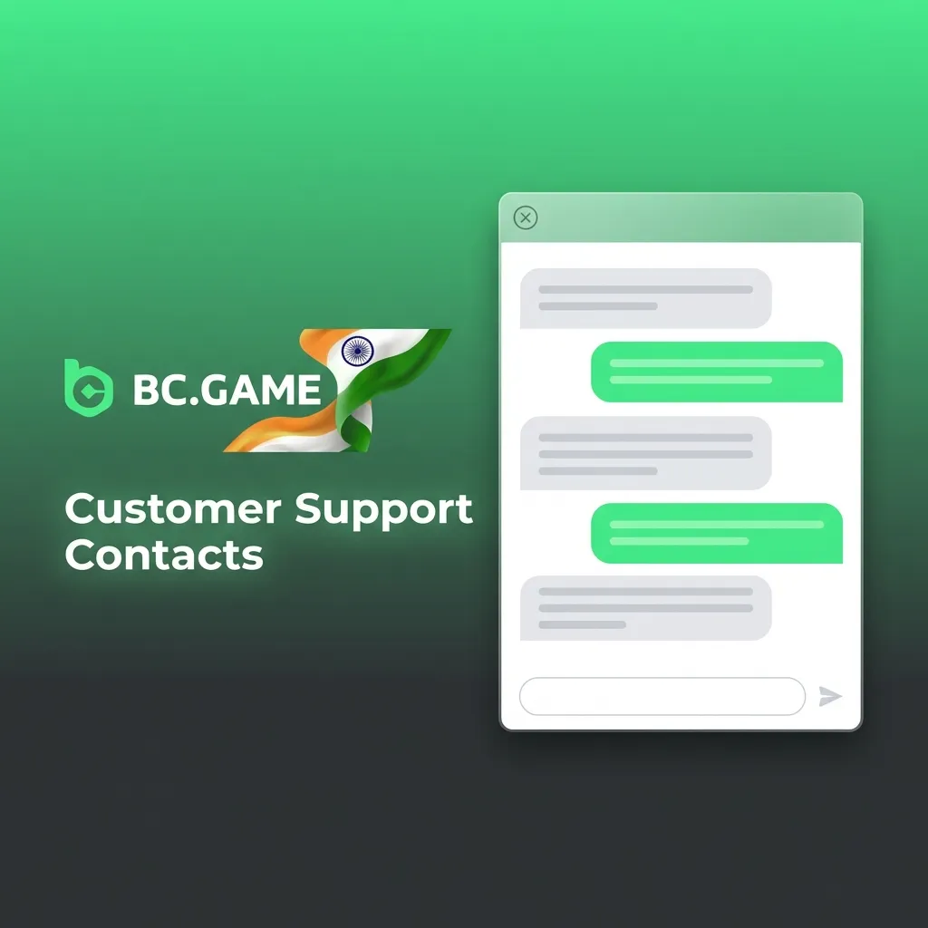 Customer Support Contacts page showing BC Game India live chat, email, help centre, and social channels for payment issues