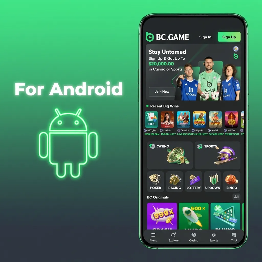 Illustrated steps on an Android phone screen showing how to download, install, and log into the BC Game casino app