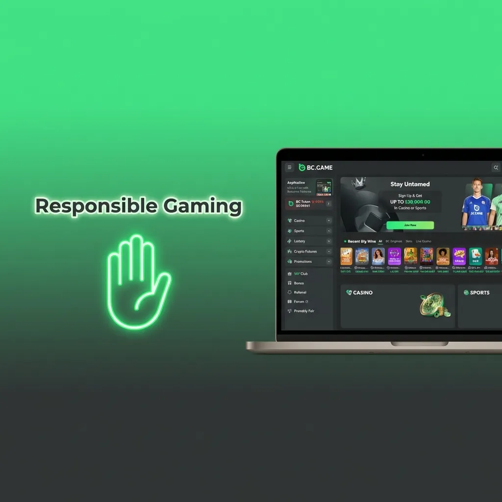 Illustration of a person betting online with reminders about limits, budgets, breaks, and seeking help for responsible gaming