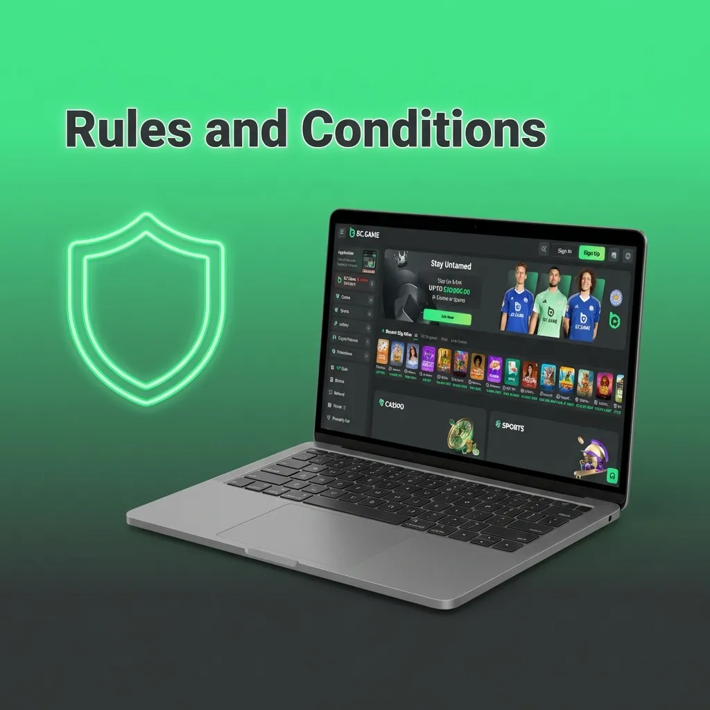 Infographic titled “Rules and Conditions” summarizing BC Game account, age, identity, bonus, and fraud policies in India