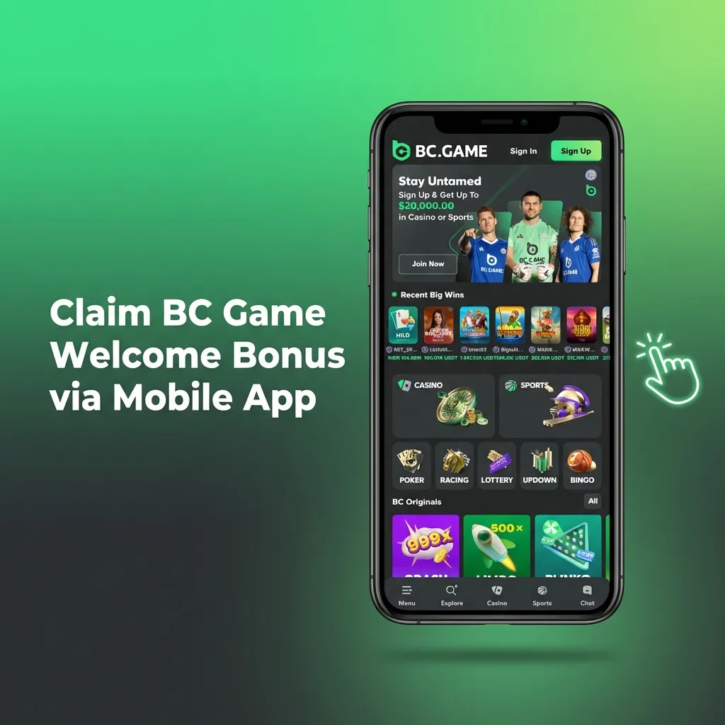 Illustration of a hand holding a phone showing BC Game app steps to claim a welcome bonus via mobile in India