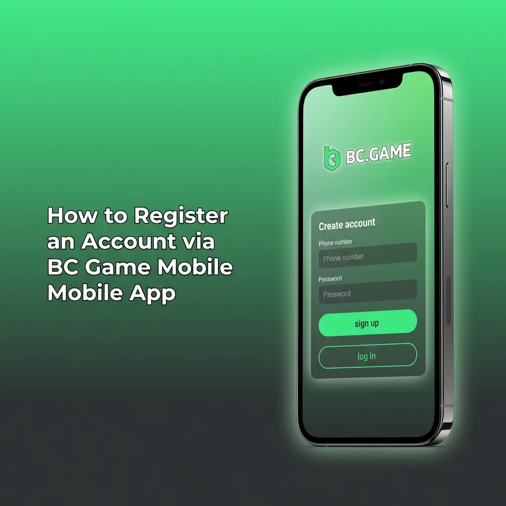 Illustration of BC Game iOS app sign-up screen on an iPhone, showing fields for email, password, and currency selection